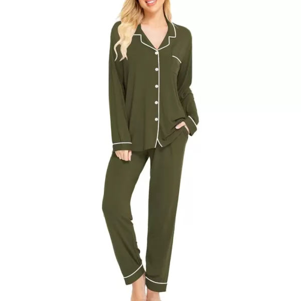 SWOMOG Womens Pajamas Set Long Sleeve Sleepwear Button Down Nightwear Soft Cotton Pj Lounge SetsArmy Green