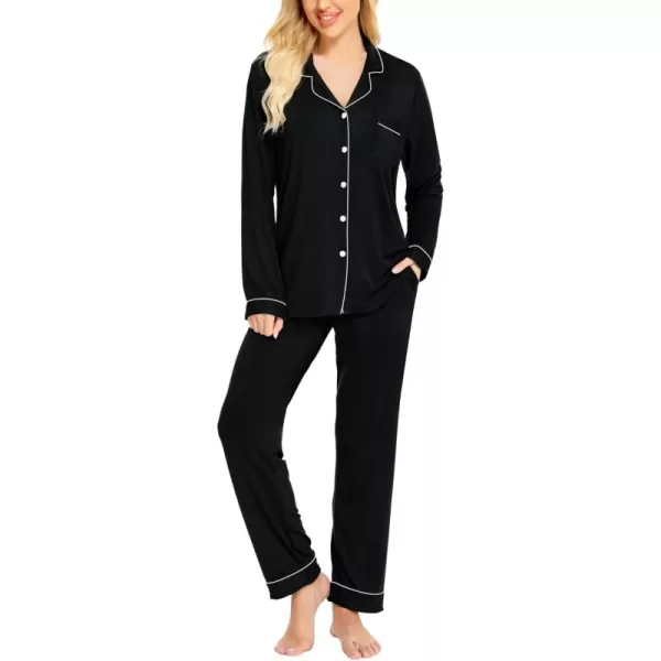 SWOMOG Womens Pajamas Set Long Sleeve Sleepwear Button Down Nightwear Soft Cotton Pj Lounge SetsBlack