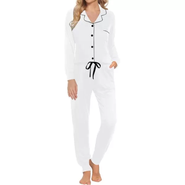 SWOMOG Womens Pajamas Set Long Sleeve Sleepwear Button Down Nightwear Soft Joggers PJs Sets with Pockets Lounge SetsWhite