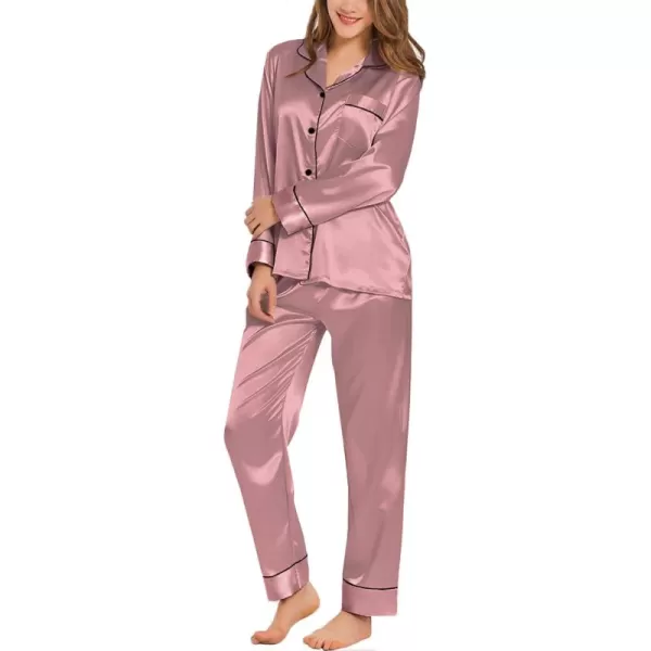 SWOMOG Womens Satin Pajamas Long Sleeve Sleepwear Silk Soft Button Down Loungewear Pjs Set SXXLMisty Rose