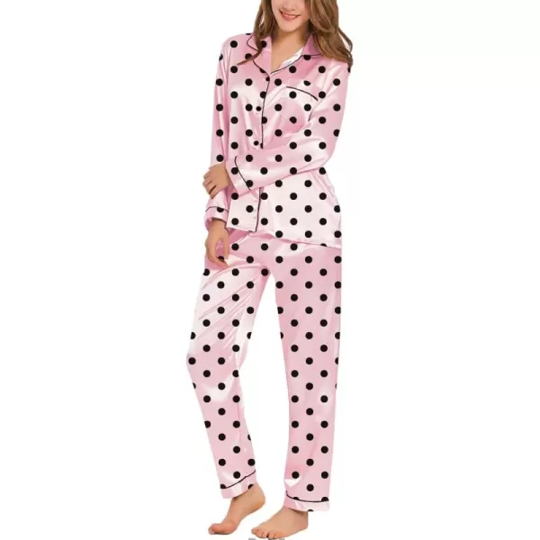 SWOMOG Womens Silk Satin Pajamas Set Long Sleeve Button Down Sleepwear 2 Piece Lounge Set Pj Set XS3XLPink Spot