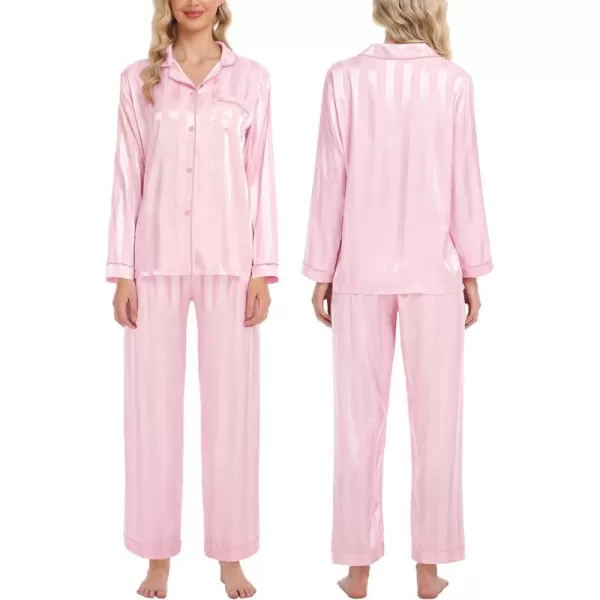 SWOMOG Womens Silk Satin Pajamas Set Long Sleeve Button Down Sleepwear 2 Piece Lounge Set Pj Set XS3XLPink Wide Stripes