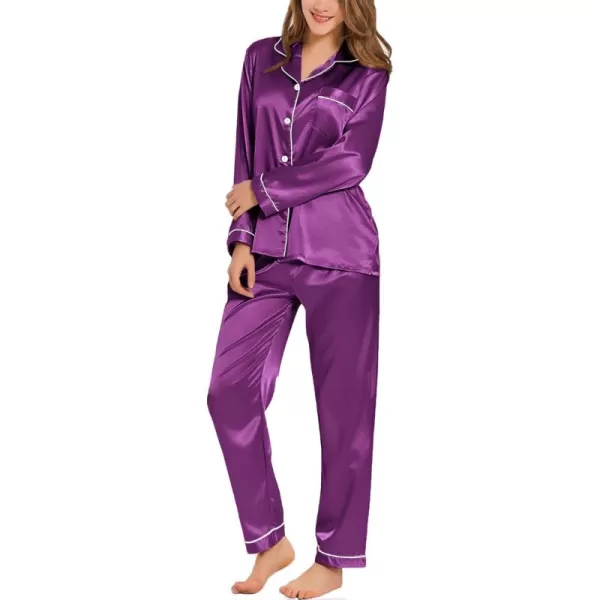 SWOMOG Womens Silk Satin Pajamas Set Long Sleeve Button Down Sleepwear 2 Piece Lounge Set Pj Set XS3XLPurple