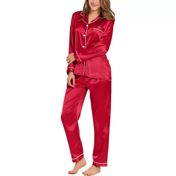 SWOMOG Womens Silk Satin Pajamas Set Long Sleeve Button Down Sleepwear 2 Piece Lounge Set Pj Set XS3XLRed