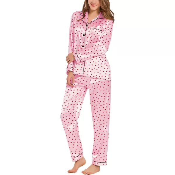 SWOMOG Womens Silk Satin Pajamas Set Long Sleeve Button Down Sleepwear 2 Piece Lounge Set Pj Set XS3XLRed Heart With Pink