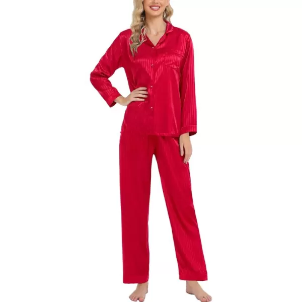 SWOMOG Womens Silk Satin Pajamas Set Long Sleeve Button Down Sleepwear 2 Piece Lounge Set Pj Set XS3XLRed Pinstripes