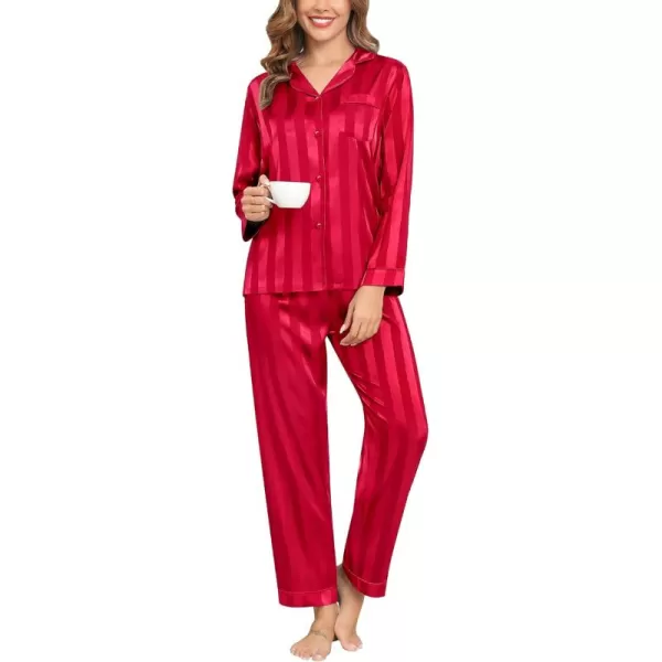 SWOMOG Womens Silk Satin Pajamas Set Long Sleeve Button Down Sleepwear 2 Piece Lounge Set Pj Set XS3XLRed Wide Stripes