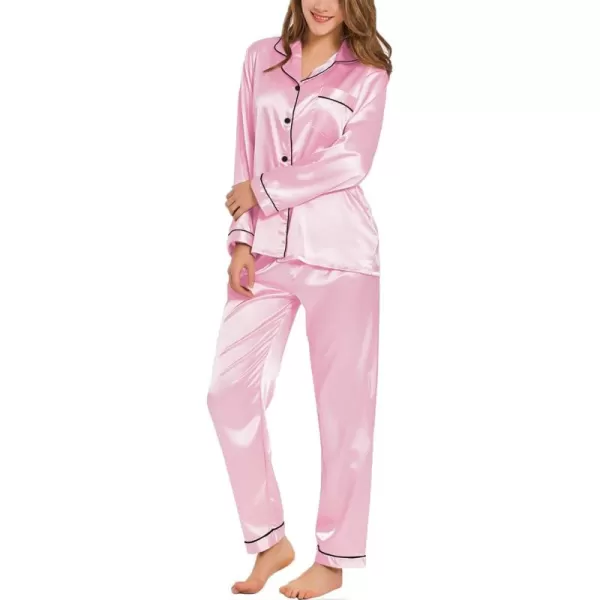 SWOMOG Womens Silk Satin Pajamas Set Long Sleeve Button Down Sleepwear 2 Piece Lounge Set Pj Set XS3XLRose Pink