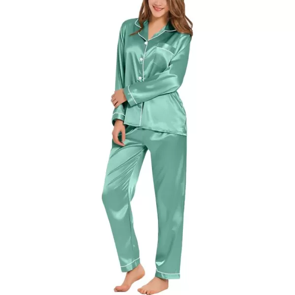 SWOMOG Womens Silk Satin Pajamas Set Long Sleeve Button Down Sleepwear 2 Piece Lounge Set Pj Set XS3XLSage