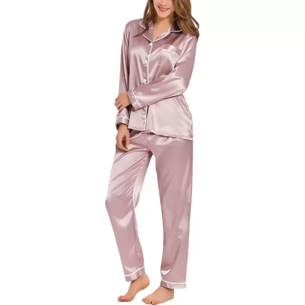 SWOMOG Womens Silk Satin Pajamas Set Long Sleeve Button Down Sleepwear 2 Piece Lounge Set Pj Set XS3XLShimmering Blush