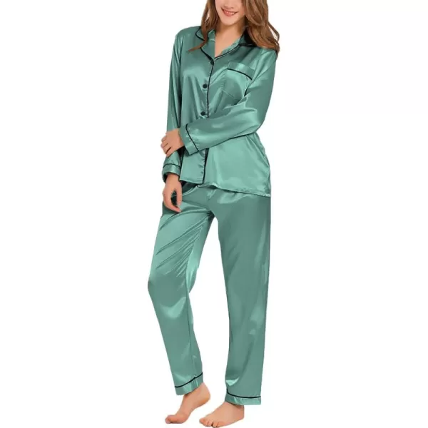 SWOMOG Womens Silk Satin Pajamas Set Long Sleeve Button Down Sleepwear 2 Piece Lounge Set Pj Set XS3XLSmog Green