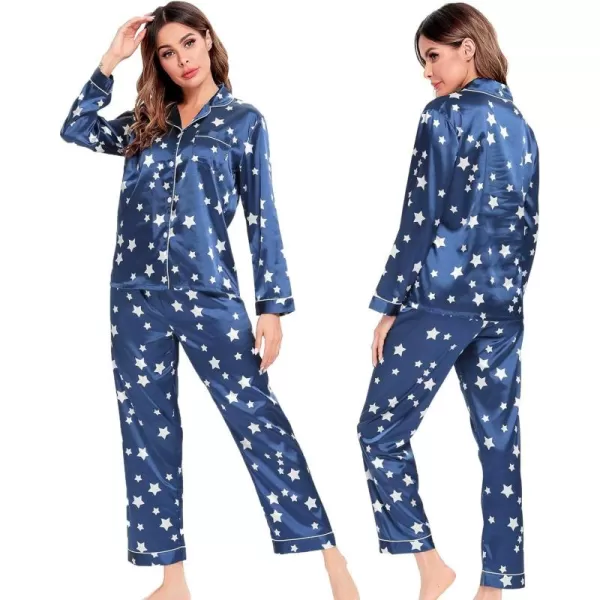 SWOMOG Womens Silk Satin Pajamas Set Long Sleeve Button Down Sleepwear 2 Piece Lounge Set Pj Set XS3XLStar Navy Blue