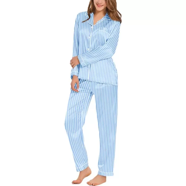 SWOMOG Womens Silk Satin Pajamas Set Long Sleeve Button Down Sleepwear 2 Piece Lounge Set Pj Set XS3XLStriped Blue