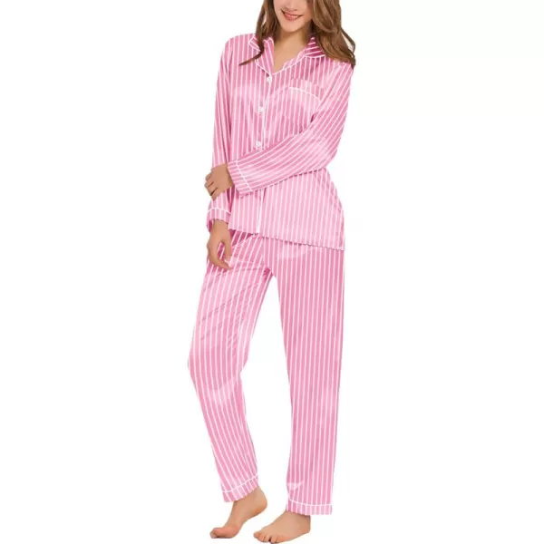 SWOMOG Womens Silk Satin Pajamas Set Long Sleeve Button Down Sleepwear 2 Piece Lounge Set Pj Set XS3XLStriped Pink