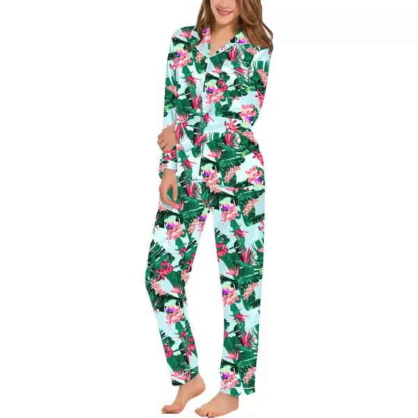 SWOMOG Womens Silk Satin Pajamas Set Long Sleeve Button Down Sleepwear 2 Piece Lounge Set Pj Set XS3XLTropic