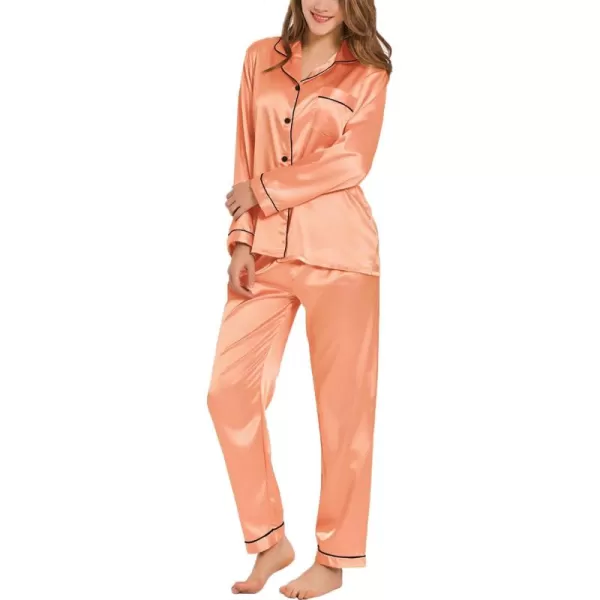 SWOMOG Womens Silk Satin Pajamas Set Long Sleeve Button Down Sleepwear 2 Piece Lounge Set Pj Set XS3XLVivid Tangerine