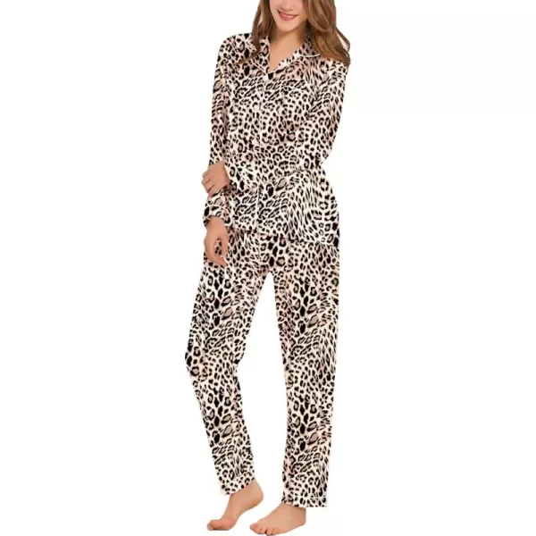 SWOMOG Womens Silk Satin Pajamas Set Long Sleeve Button Down Sleepwear 2 Piece Lounge Set Pj Set XS3XLWavy Leopard