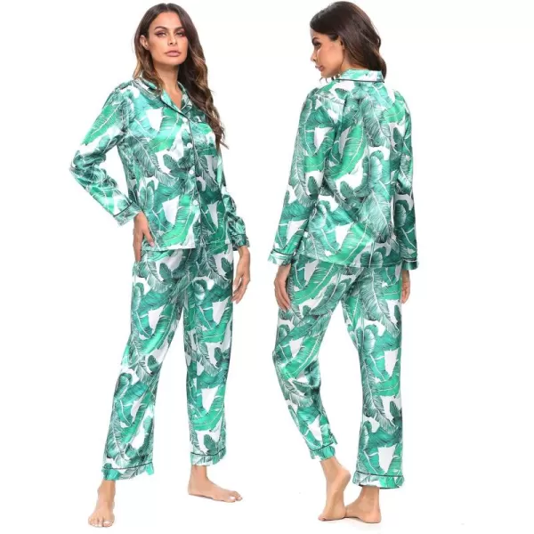 SWOMOG Womens Silk Satin Pajamas Set Long Sleeve Button Down Sleepwear 2 Piece Lounge Set Pj Set XS3XLWhite Leaves