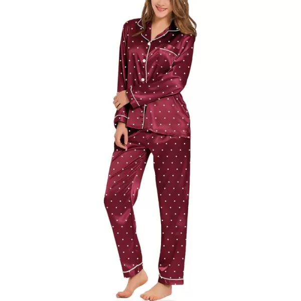 SWOMOG Womens Silk Satin Pajamas Set Long Sleeve Button Down Sleepwear 2 Piece Lounge Set Pj Set XS3XLWine Red Dots