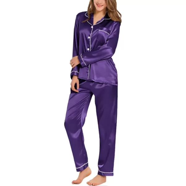 SWOMOG Womens Silk Satin Pajamas Set Long Sleeve Button Down Sleepwear 2 Piece Lounge Set Pj Set XS3XLWineberry