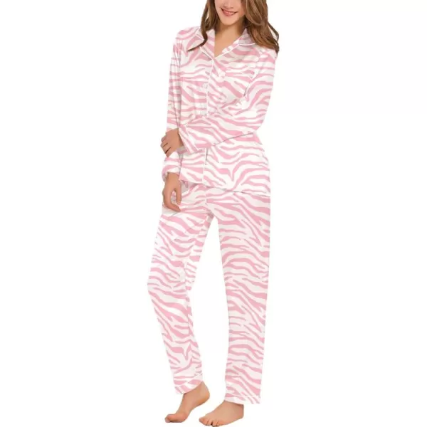 SWOMOG Womens Silk Satin Pajamas Set Long Sleeve Button Down Sleepwear 2 Piece Lounge Set Pj Set XS3XLZebra Pattern