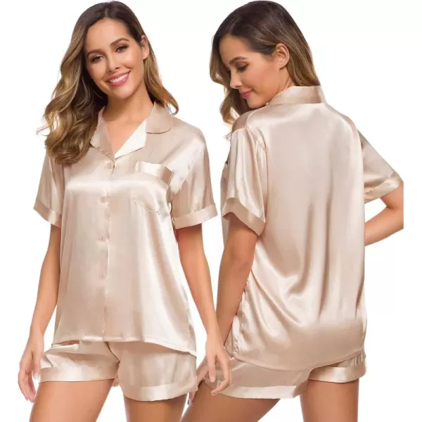 SWOMOG Womens Silk Satin Pajamas Set Short Sleeve Button Down Sleepwear Loungewear 2 Piece Pj SetsChampagne