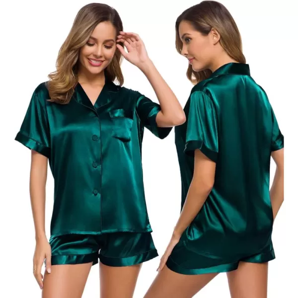 SWOMOG Womens Silk Satin Pajamas Set Short Sleeve Button Down Sleepwear Loungewear 2 Piece Pj SetsDeep Green