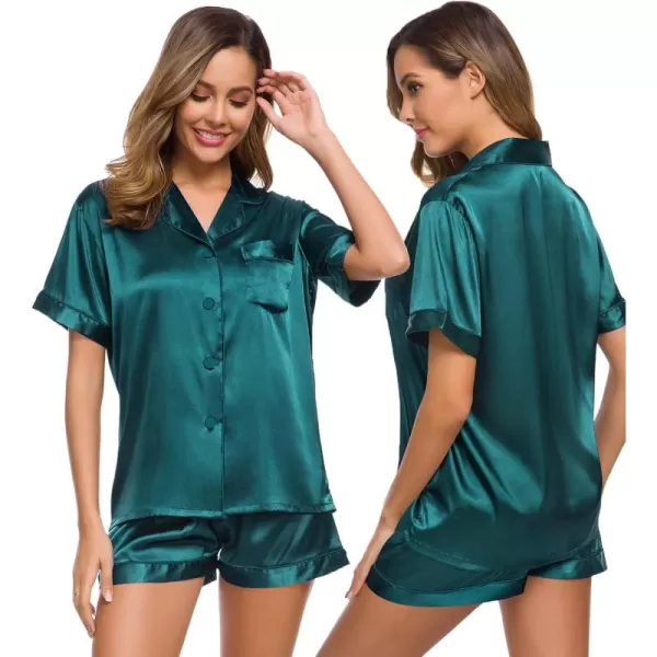 SWOMOG Womens Silk Satin Pajamas Set Short Sleeve Button Down Sleepwear Loungewear 2 Piece Pj SetsGreen