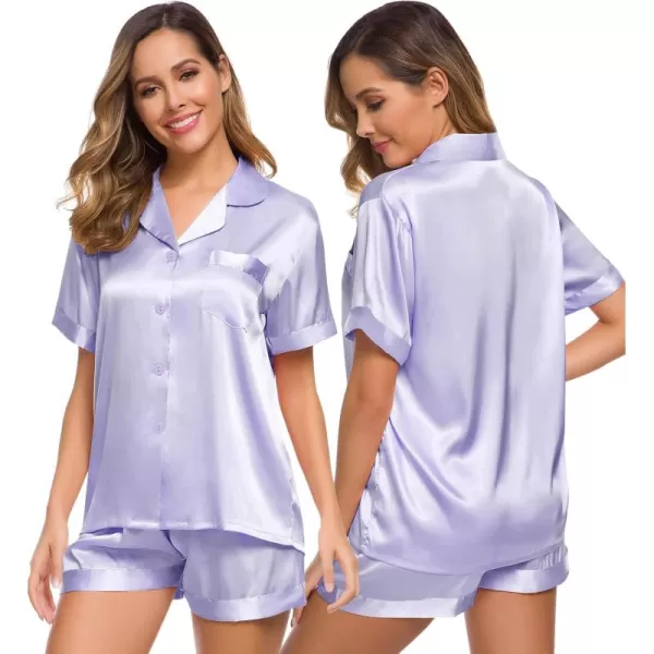 SWOMOG Womens Silk Satin Pajamas Set Short Sleeve Button Down Sleepwear Loungewear 2 Piece Pj SetsLavender