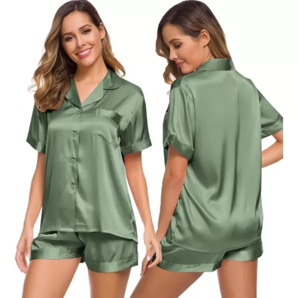 SWOMOG Womens Silk Satin Pajamas Set Short Sleeve Button Down Sleepwear Loungewear 2 Piece Pj SetsMatcha