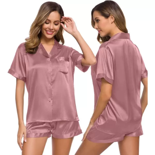 SWOMOG Womens Silk Satin Pajamas Set Short Sleeve Button Down Sleepwear Loungewear 2 Piece Pj SetsMisty Rose