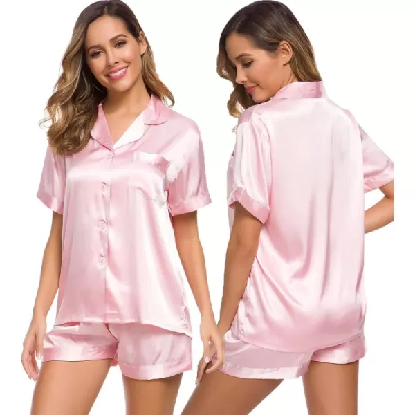 SWOMOG Womens Silk Satin Pajamas Set Short Sleeve Button Down Sleepwear Loungewear 2 Piece Pj SetsPink