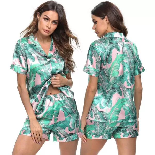 SWOMOG Womens Silk Satin Pajamas Set Short Sleeve Button Down Sleepwear Loungewear 2 Piece Pj SetsPink Leaves