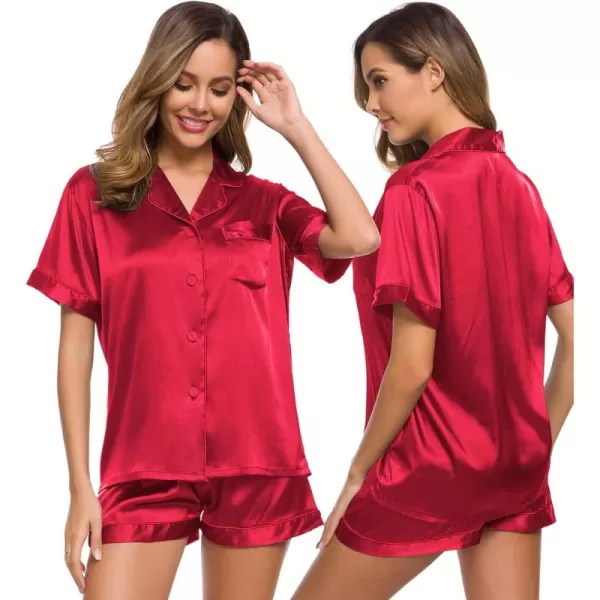 SWOMOG Womens Silk Satin Pajamas Set Short Sleeve Button Down Sleepwear Loungewear 2 Piece Pj SetsRed