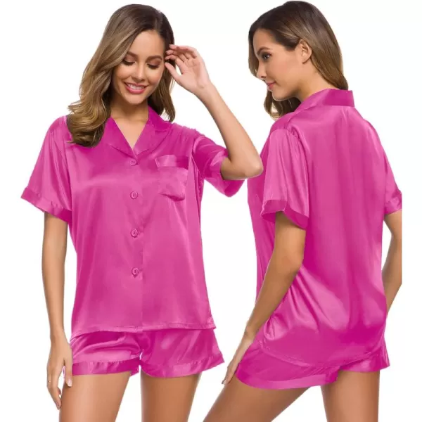 SWOMOG Womens Silk Satin Pajamas Set Short Sleeve Button Down Sleepwear Loungewear 2 Piece Pj SetsRose Red