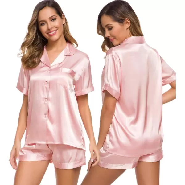 SWOMOG Womens Silk Satin Pajamas Set Short Sleeve Button Down Sleepwear Loungewear 2 Piece Pj SetsSakura Pink