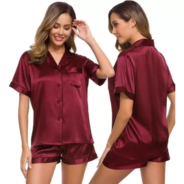 SWOMOG Womens Silk Satin Pajamas Set Short Sleeve Button Down Sleepwear Loungewear 2 Piece Pj SetsWine Red