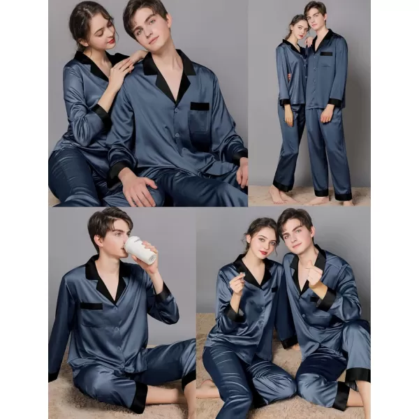 SWOMOG Couples Pajama Sets Women ampamp Men Silky Satin Long Sleeve Sleepwear Classic Button Down Soft Loungewear Pjs SetDeep Grey