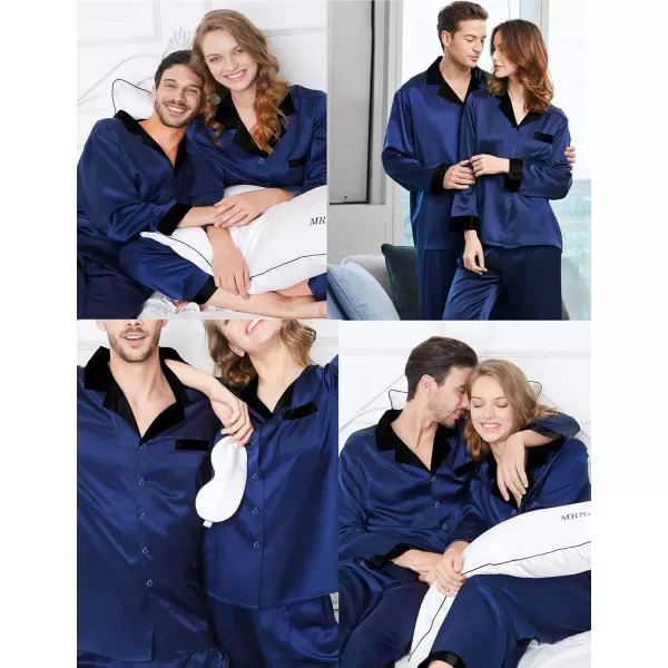 SWOMOG Couples Pajama Sets Women ampamp Men Silky Satin Long Sleeve Sleepwear Classic Button Down Soft Loungewear Pjs SetDeep Navy Blue