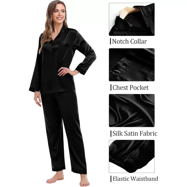 SWOMOG Couples Pajama Sets Women ampamp Men Silky Satin Long Sleeve Sleepwear Classic Button Down Soft Loungewear Pjs SetPure Black