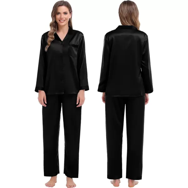 SWOMOG Couples Pajama Sets Women ampamp Men Silky Satin Long Sleeve Sleepwear Classic Button Down Soft Loungewear Pjs SetPure Black