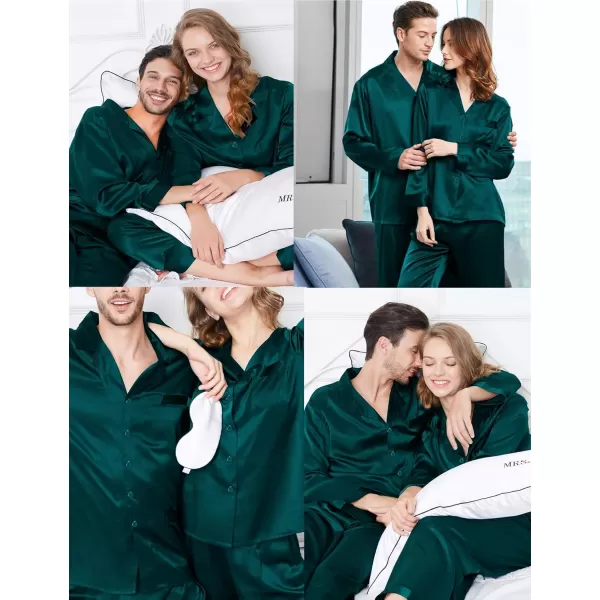 SWOMOG Couples Pajama Sets Women ampamp Men Silky Satin Long Sleeve Sleepwear Classic Button Down Soft Loungewear Pjs SetPure Dark Green