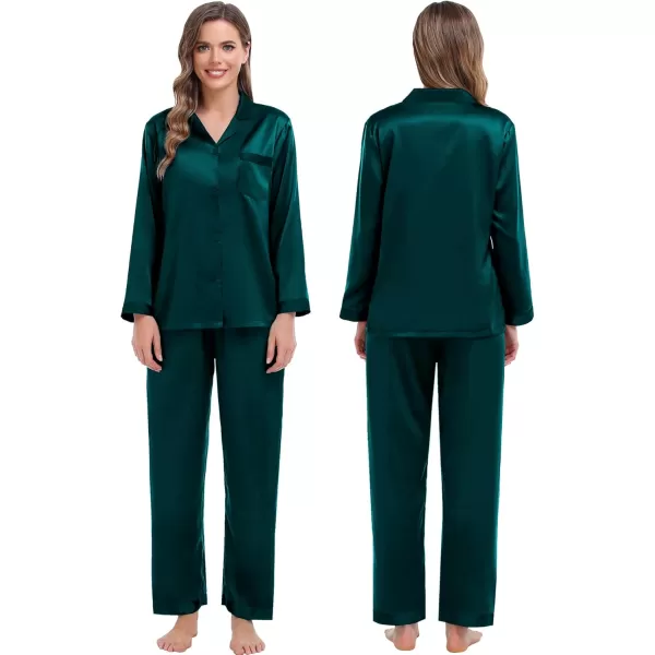 SWOMOG Couples Pajama Sets Women ampamp Men Silky Satin Long Sleeve Sleepwear Classic Button Down Soft Loungewear Pjs SetPure Dark Green