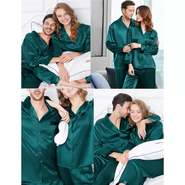 SWOMOG Couples Pajama Sets Women ampamp Men Silky Satin Long Sleeve Sleepwear Classic Button Down Soft Loungewear Pjs SetPure Green