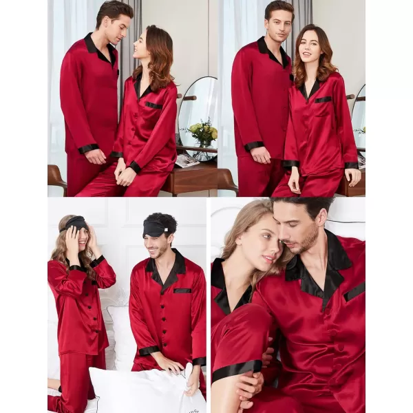 SWOMOG Couples Pajama Sets Women ampamp Men Silky Satin Long Sleeve Sleepwear Classic Button Down Soft Loungewear Pjs SetRed