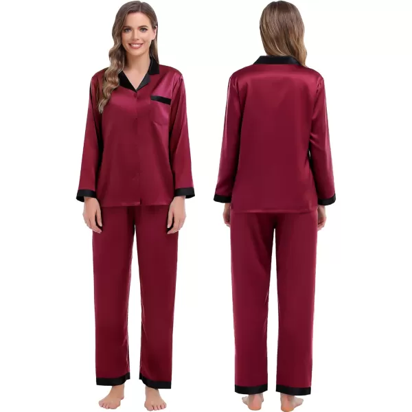 SWOMOG Couples Pajama Sets Women ampamp Men Silky Satin Long Sleeve Sleepwear Classic Button Down Soft Loungewear Pjs SetWine Red