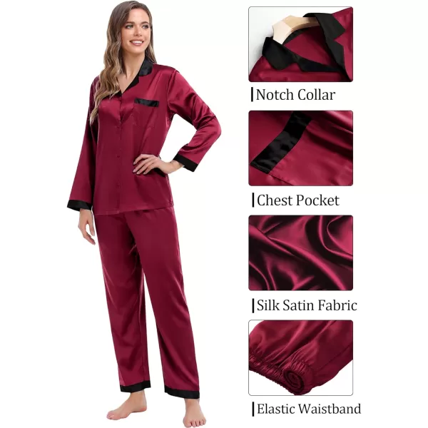 SWOMOG Couples Pajama Sets Women ampamp Men Silky Satin Long Sleeve Sleepwear Classic Button Down Soft Loungewear Pjs SetWine Red