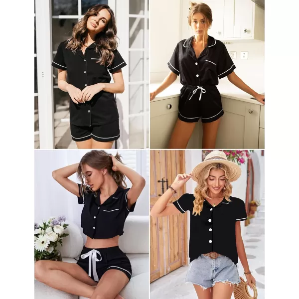 SWOMOG Pajamas for Women Soft Pjs Set Modal Pajama Set Short Sleeve Button Up Pajama Top Pj Shorts SleepwearBlack Grey