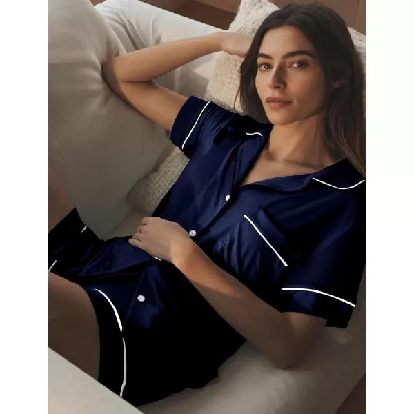 SWOMOG Pajamas for Women Soft Pjs Set Modal Pajama Set Short Sleeve Button Up Pajama Top Pj Shorts SleepwearNavy Blue