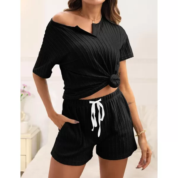 SWOMOG Womens Lounge Sets 2 Piece Ribbed Knit Pajama Set Short Sleeve Top ampamp Shorts Sweatsuit with PocketsBlack